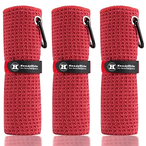 Handy Picks Microfiber Golf Towel 40cm x 40cm (16" x 16") | Pack of 3 Red Waffle Pattern with Carabiner Clip thumbnail 1
