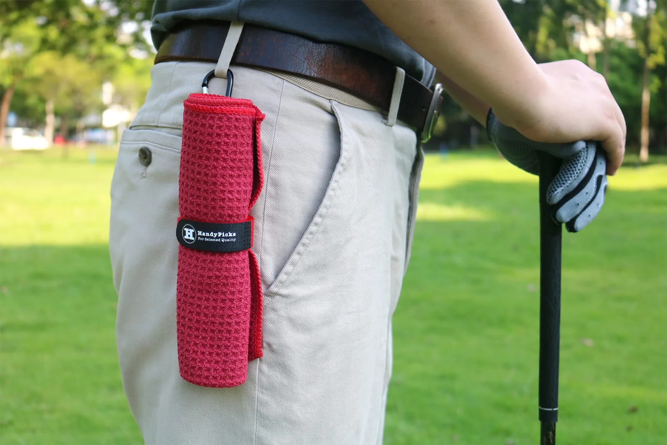Handy Picks Red Microfiber Golf Towel (40cm x 40cm) with Waffle Pattern & Carabiner Clip - view 3