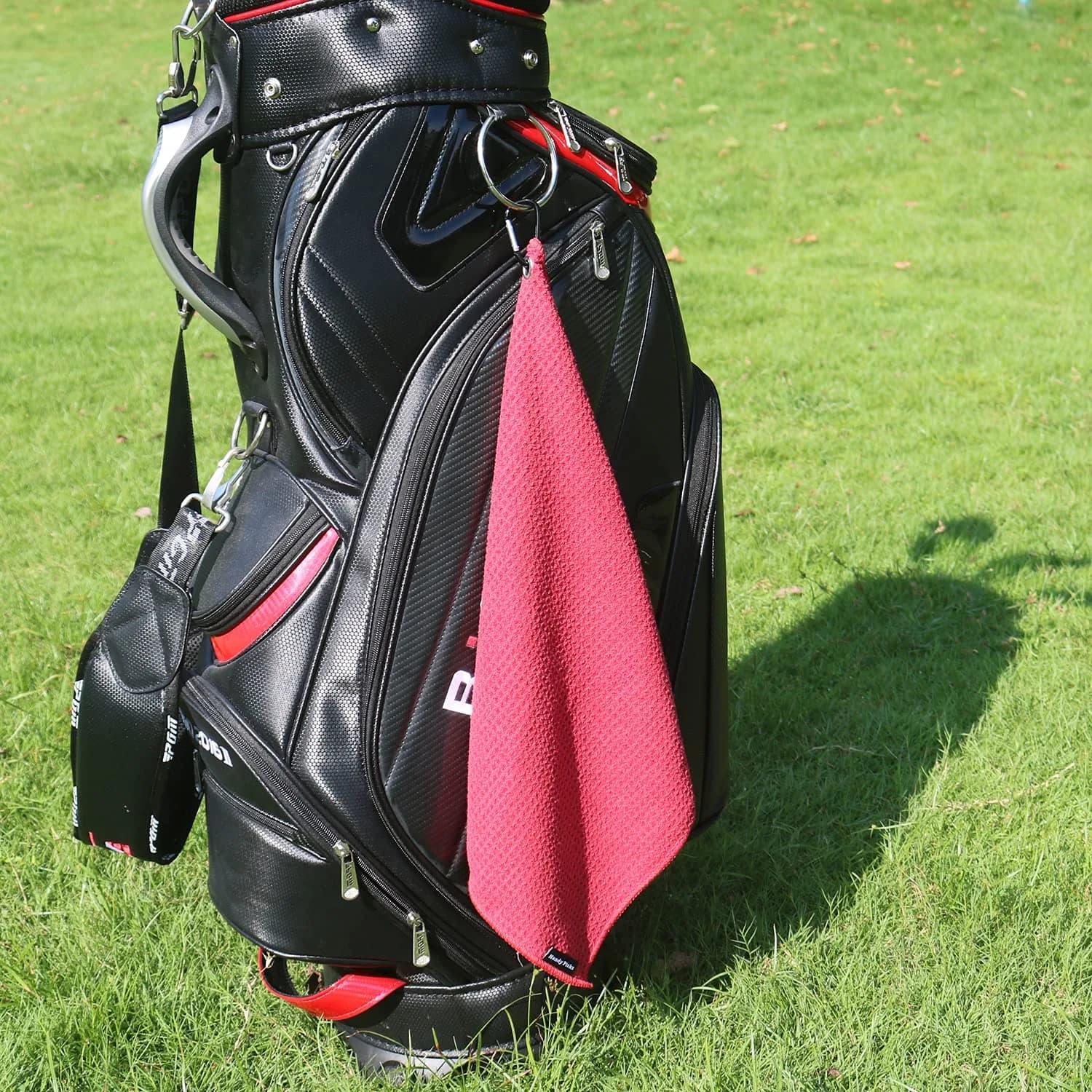 Handy Picks Red Microfiber Golf Towel (40cm x 40cm) with Waffle Pattern & Carabiner Clip - view 4
