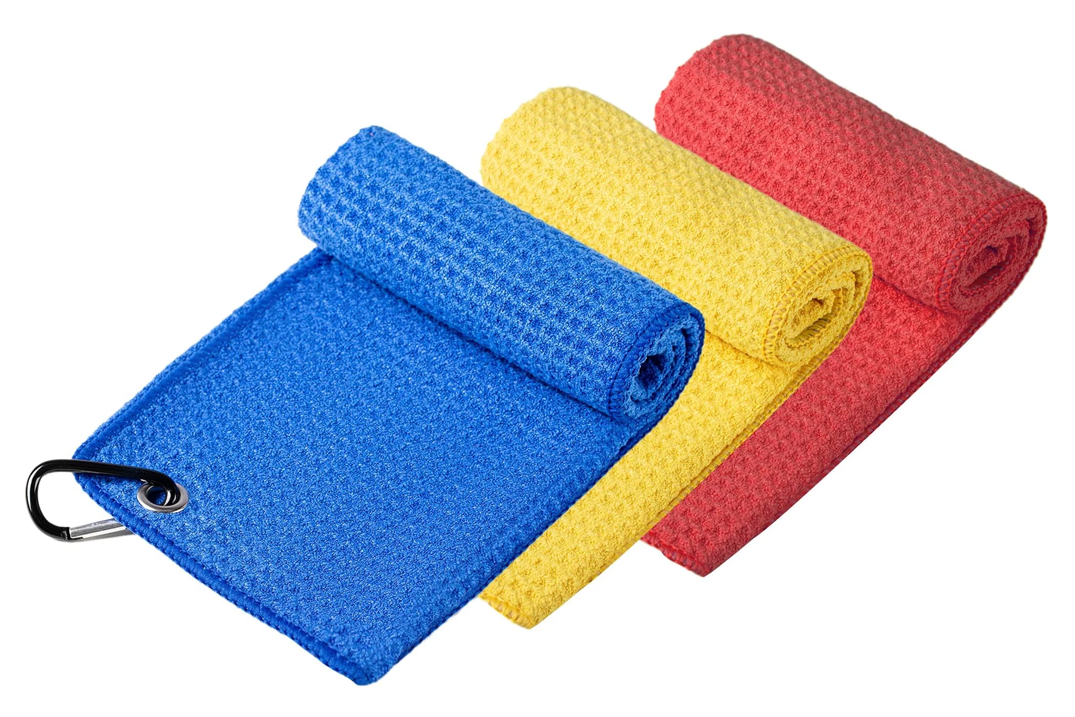 Handy Picks Microfiber Golf Towel Set - Red, Blue, Yellow (16" x 16") with Waffle Pattern & Carabiner Clip - view 2