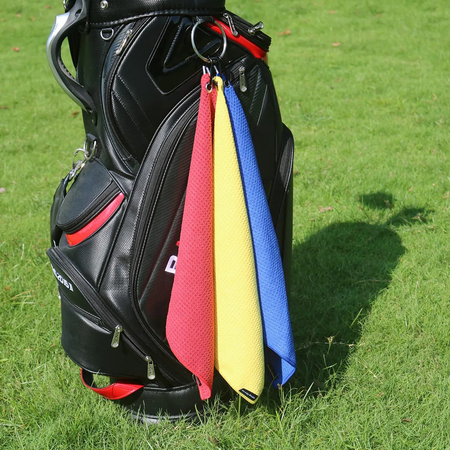Handy Picks Microfiber Golf Towel Set - Red, Blue, Yellow (16" x 16") with Waffle Pattern & Carabiner Clip - view 3
