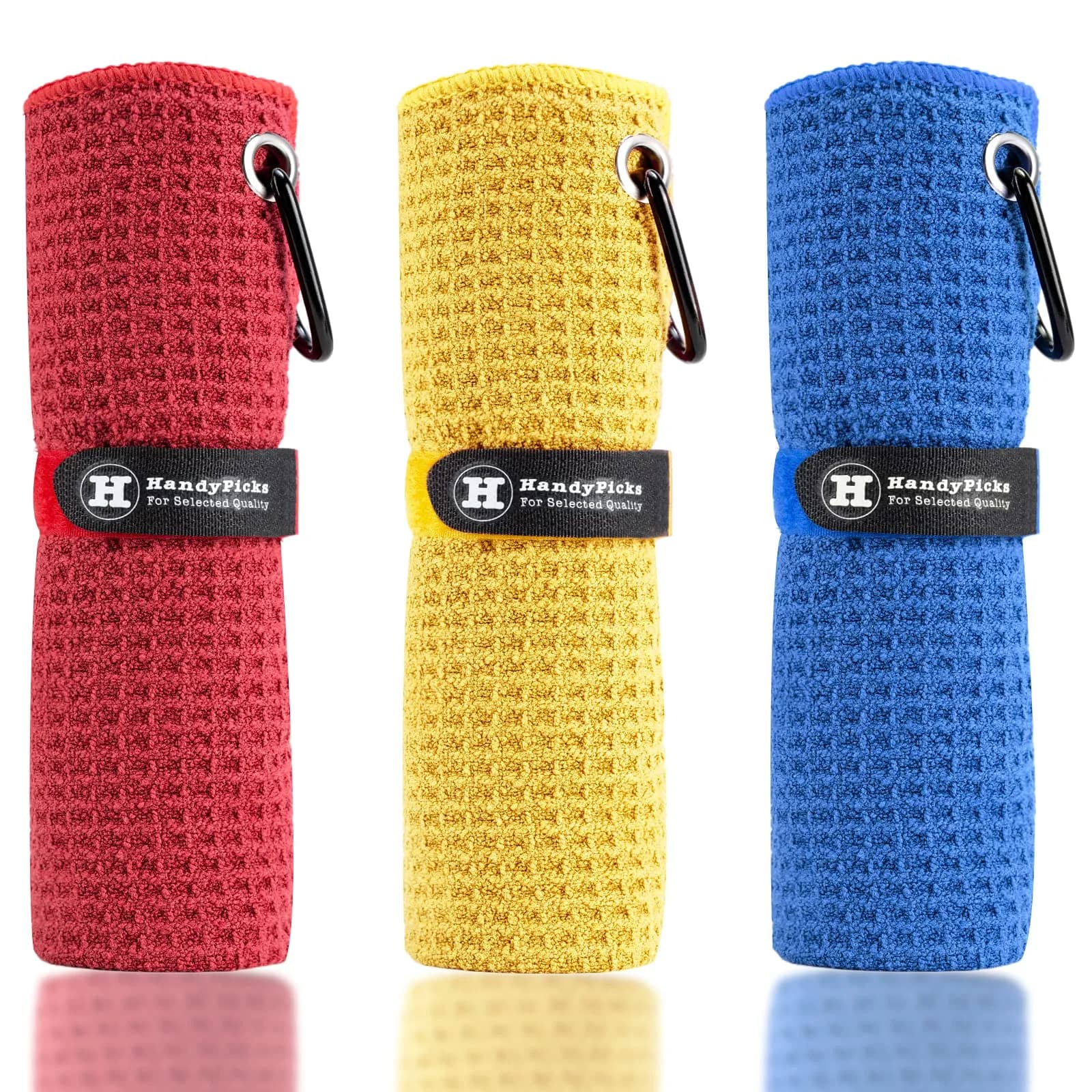 Handy Picks Microfiber Golf Towel 40cm x 40cm (16" x 16") | Waffle Pattern, Carabiner Clip, 3-Pack — Red/Blue/Yellow