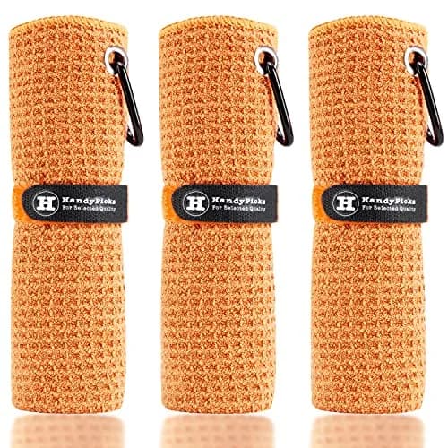 Handy Picks Microfiber Golf Towel - 40cm x 40cm Orange with Carabiner Clip & Waffle Pattern thumbnail 1