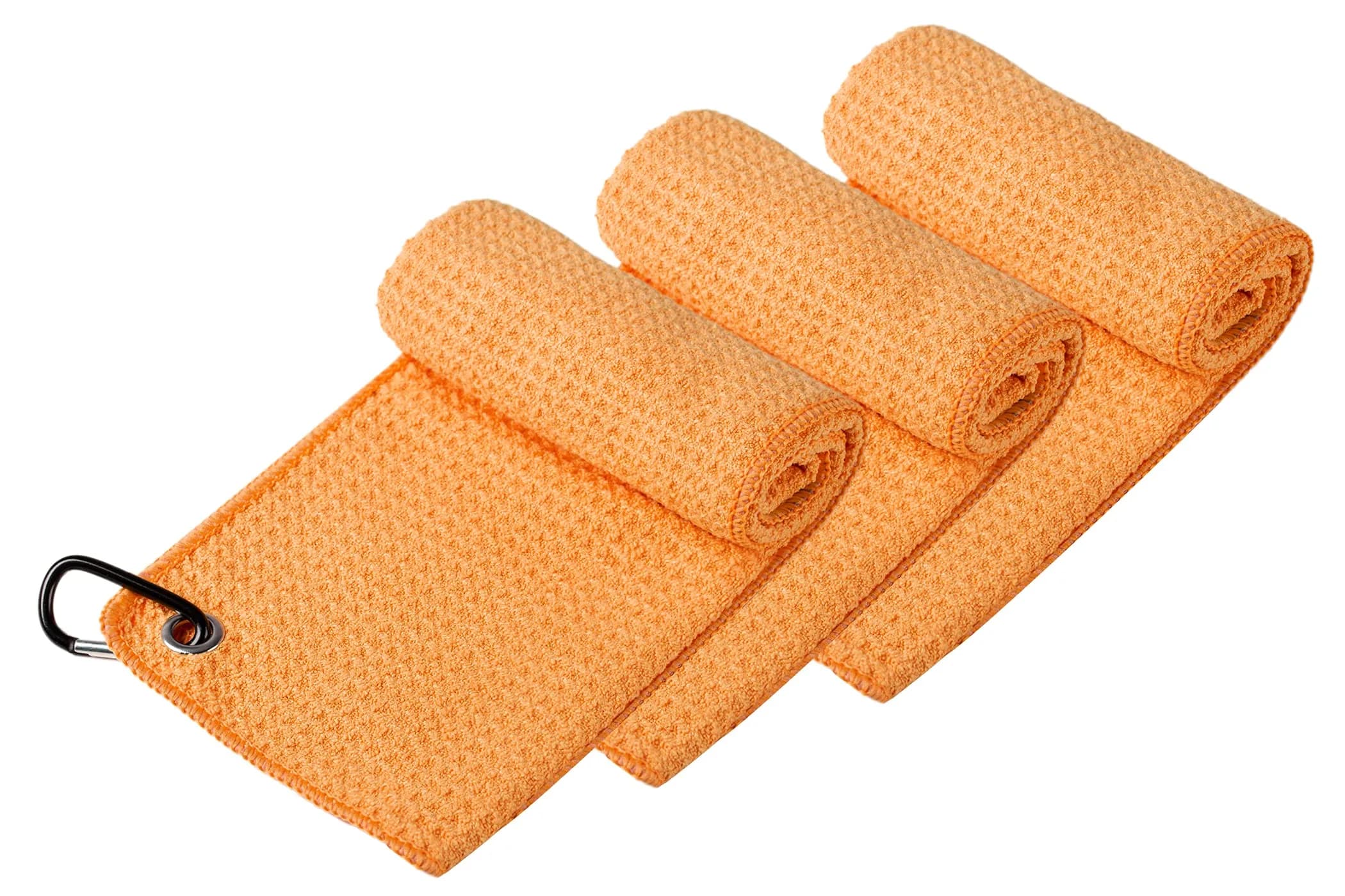 Handy Picks Microfiber Golf Towel - 40cm x 40cm Orange with Carabiner Clip & Waffle Pattern - view 2