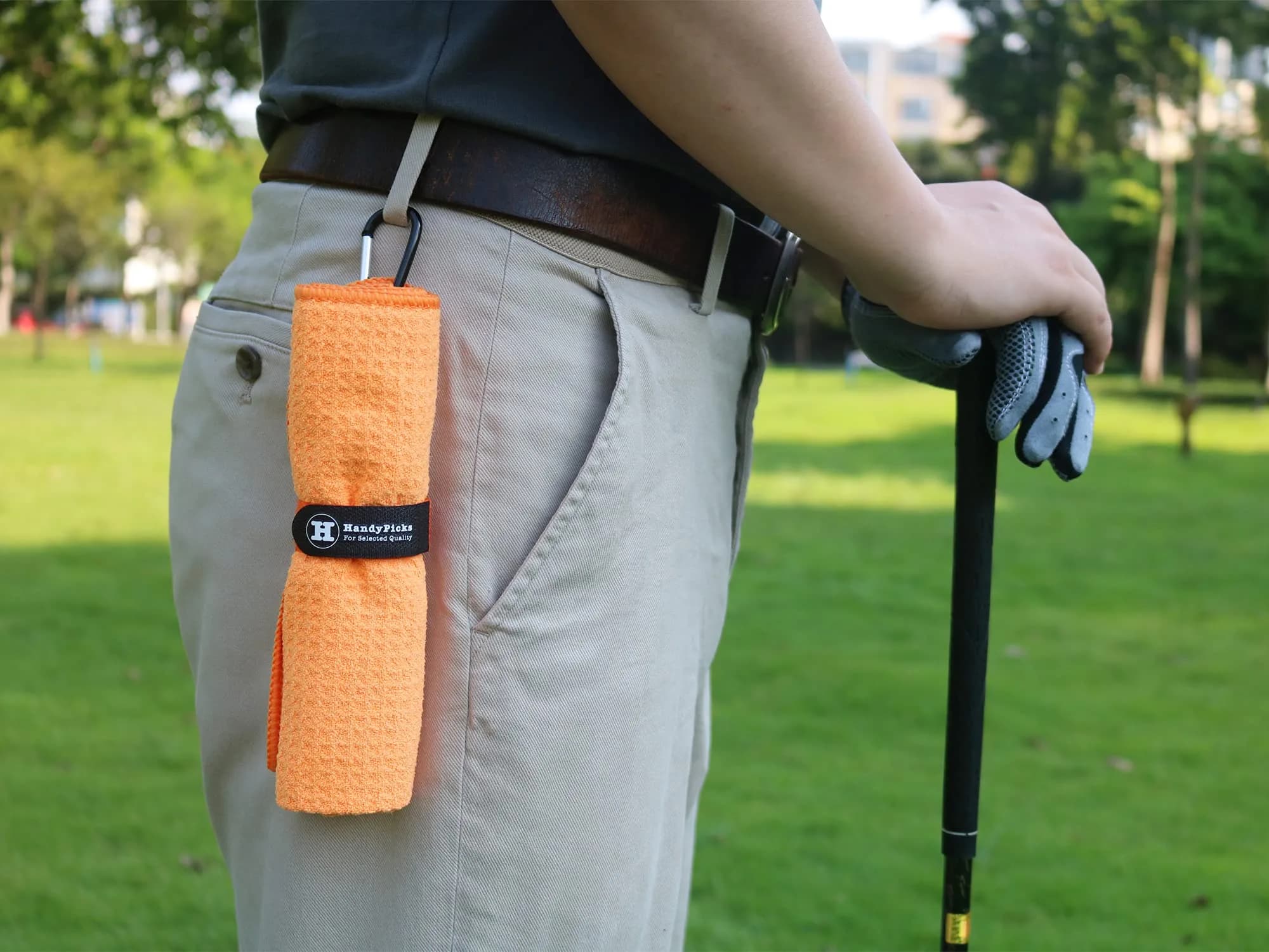Handy Picks Microfiber Golf Towel - 40cm x 40cm Orange with Carabiner Clip & Waffle Pattern - view 3