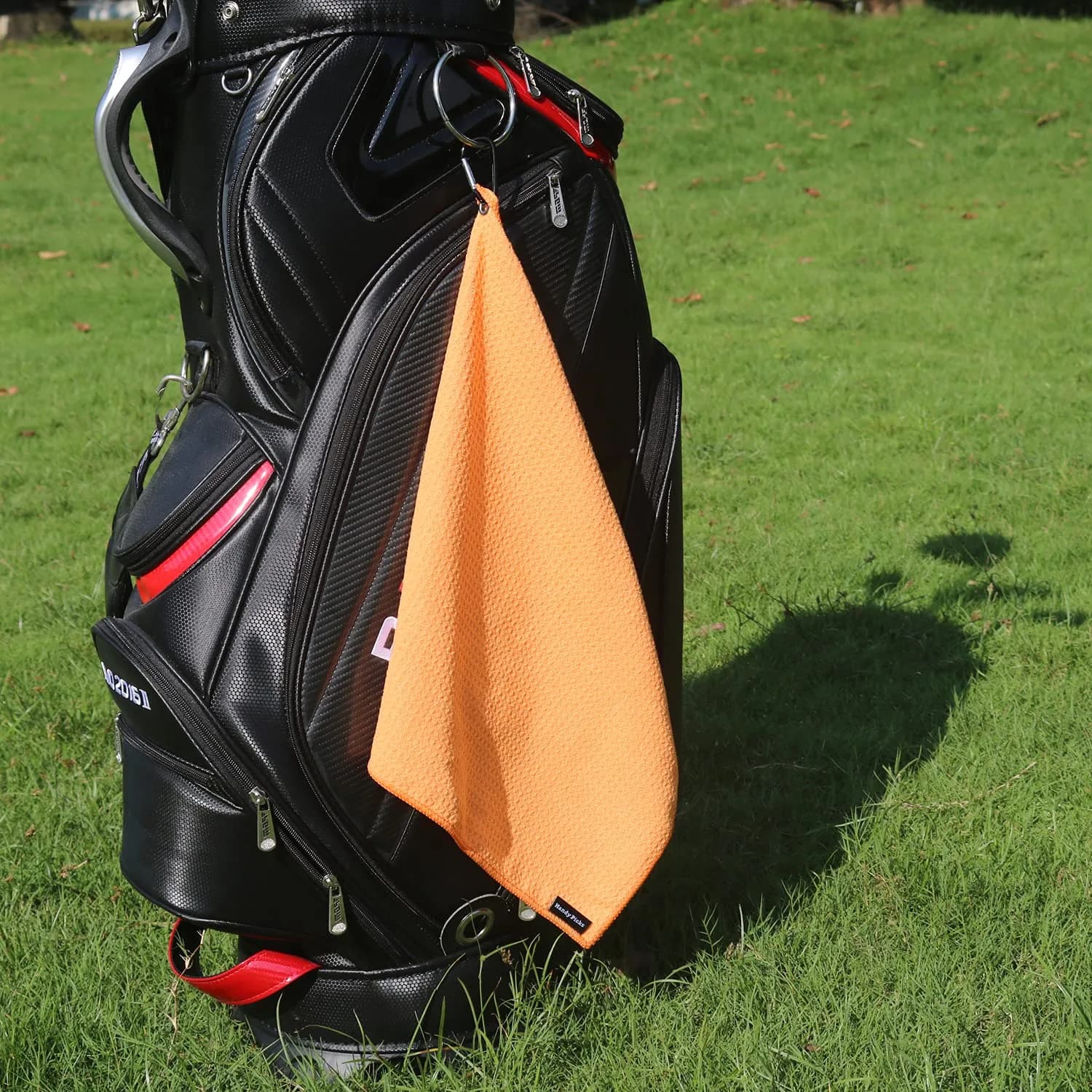 Handy Picks Microfiber Golf Towel - 40cm x 40cm Orange with Carabiner Clip & Waffle Pattern - view 4