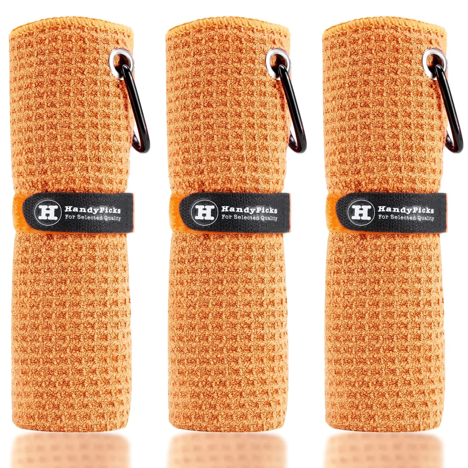 Handy Picks Microfiber Golf Towel 40cm x 40cm (16" x 16") | Waffle Pattern, Carabiner Clip, 3-Pack — Orange