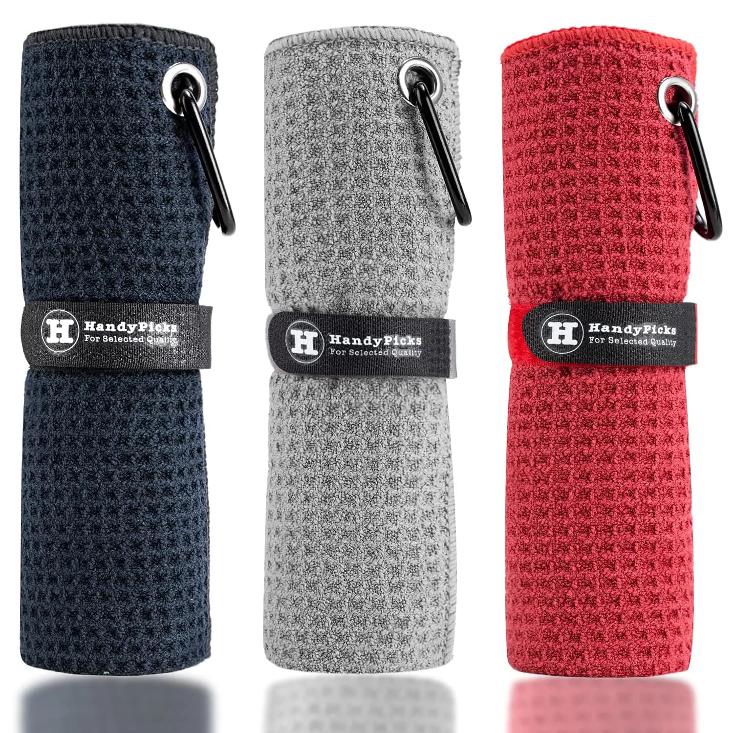 Handy Picks Microfiber Golf Towel 40cm x 40cm - Black, Grey & Red 3-Pack with Carabiner Clip - main product image