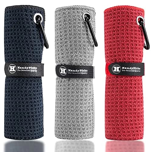 Handy Picks Microfiber Golf Towel 40cm x 40cm - Black, Grey & Red 3-Pack with Carabiner Clip thumbnail 1