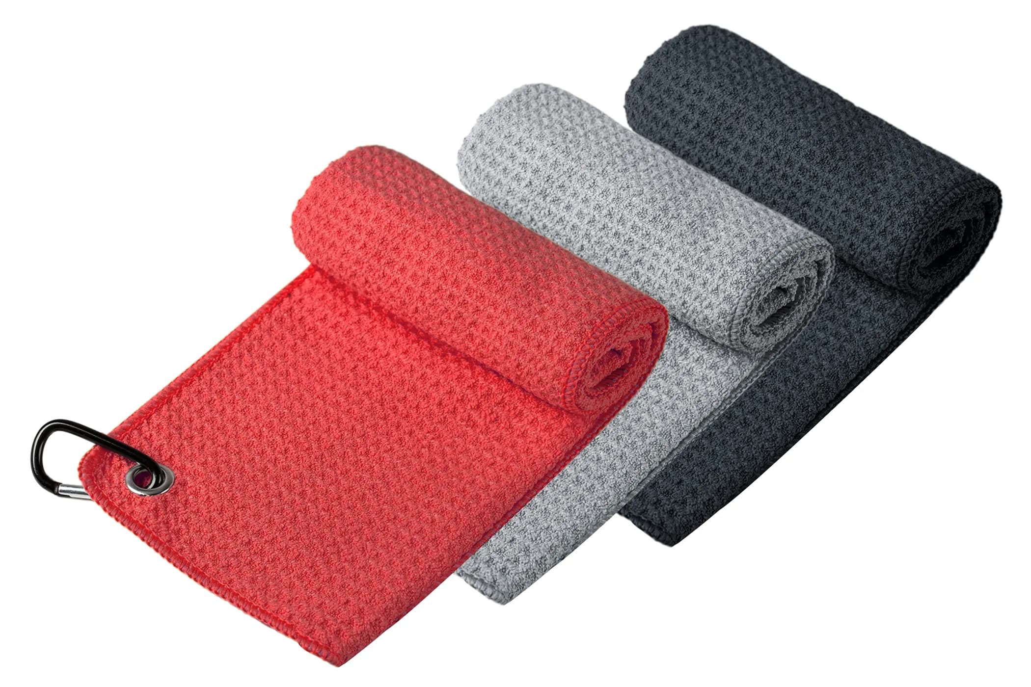 Handy Picks Microfiber Golf Towel 40cm x 40cm - Black, Grey & Red 3-Pack with Carabiner Clip - view 2
