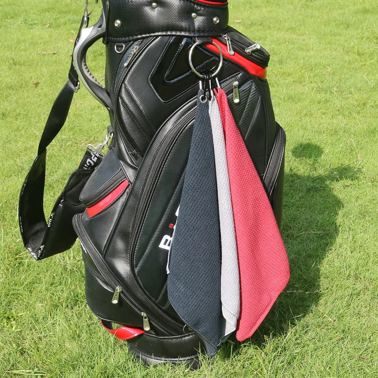 Handy Picks Microfiber Golf Towel 40cm x 40cm - Black, Grey & Red 3-Pack with Carabiner Clip - view 3