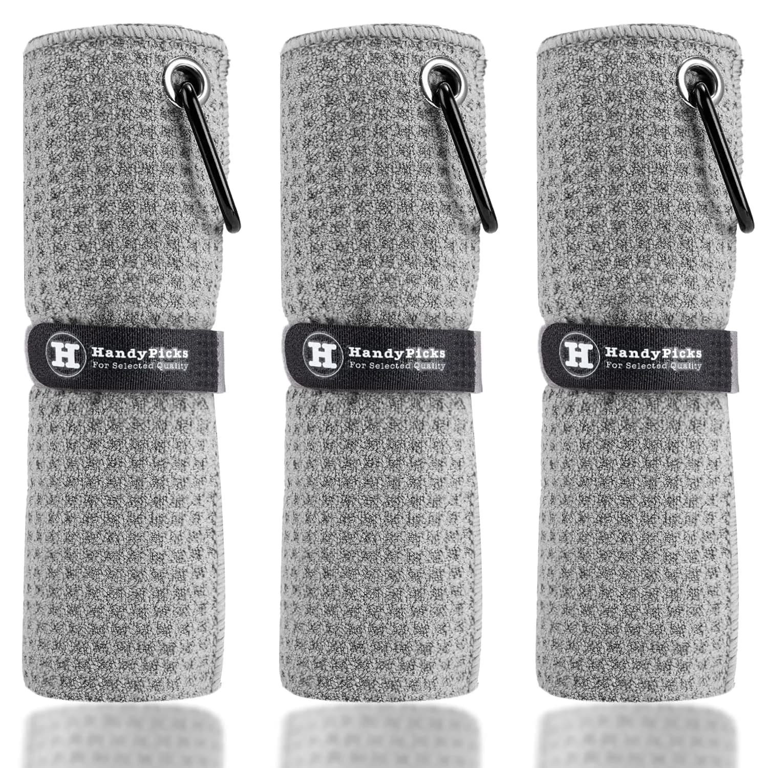Handy Picks Grey Microfiber Golf Towel 40cm x 40cm with Waffle Pattern and Carabiner Clip - main product image
