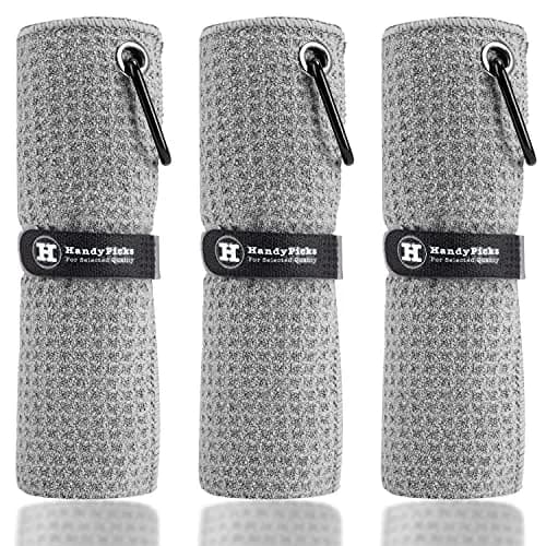 Handy Picks Grey Microfiber Golf Towel 40cm x 40cm with Waffle Pattern and Carabiner Clip thumbnail 1