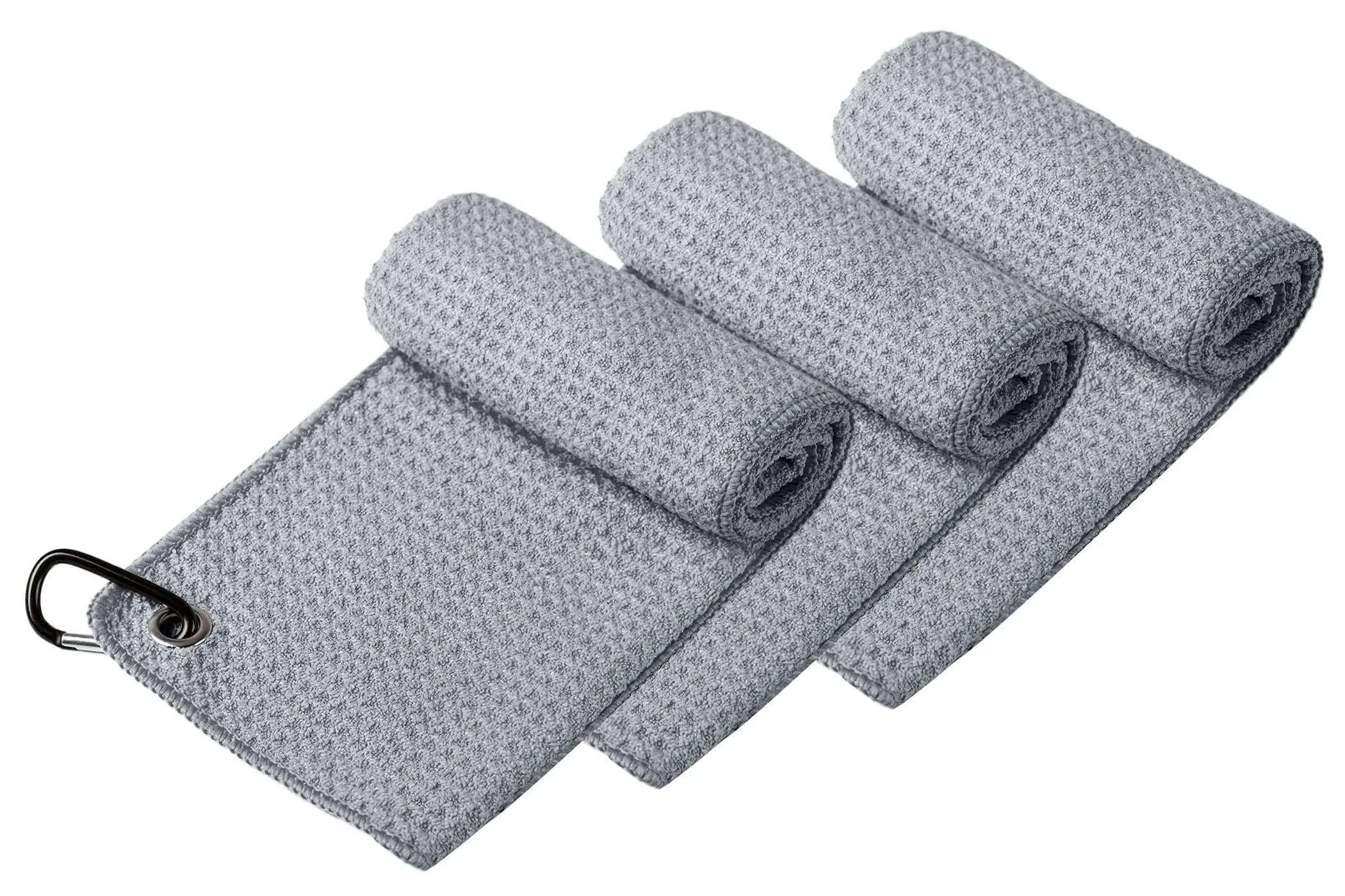 Handy Picks Grey Microfiber Golf Towel 40cm x 40cm with Waffle Pattern and Carabiner Clip - view 2
