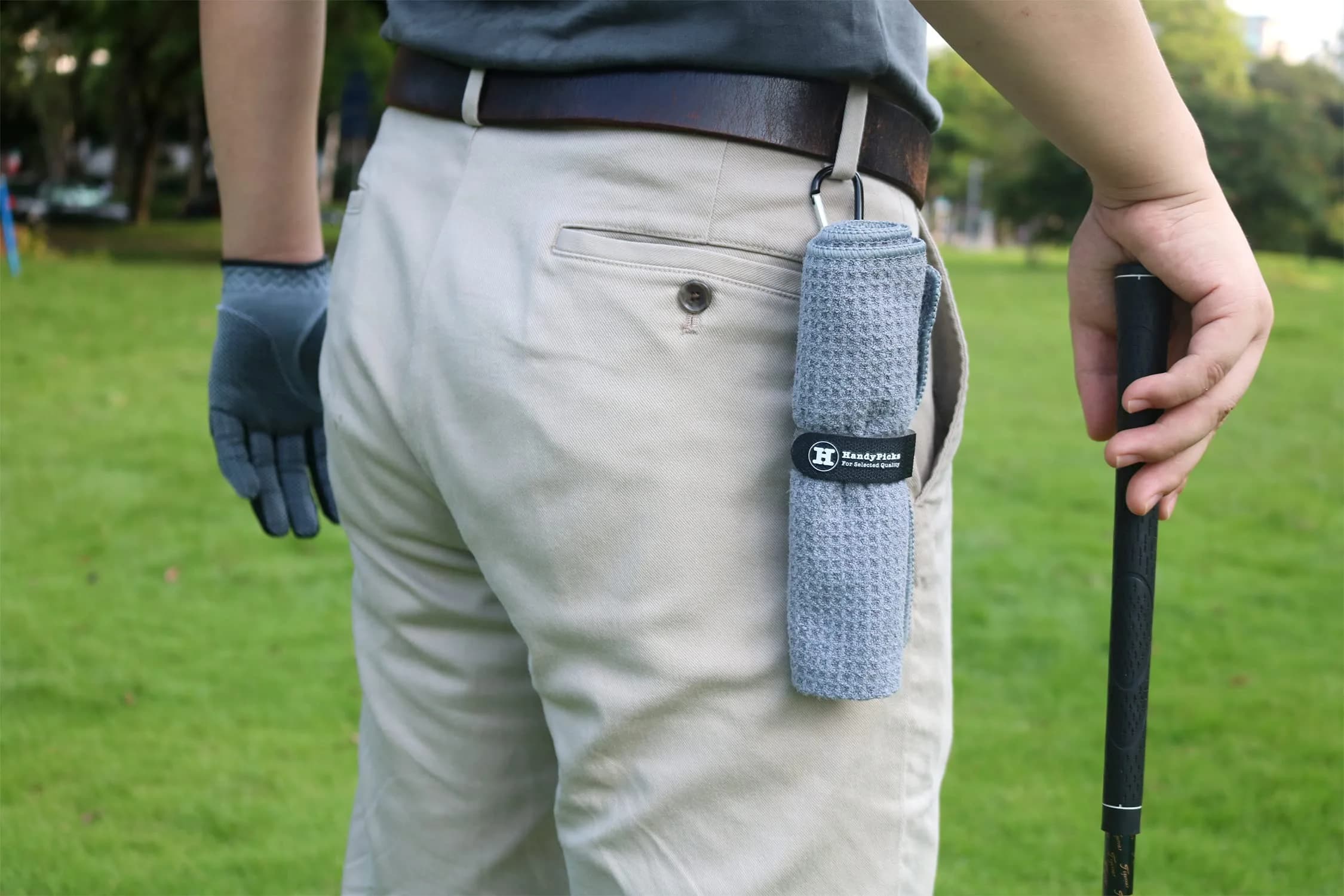 Handy Picks Grey Microfiber Golf Towel 40cm x 40cm with Waffle Pattern and Carabiner Clip - view 3