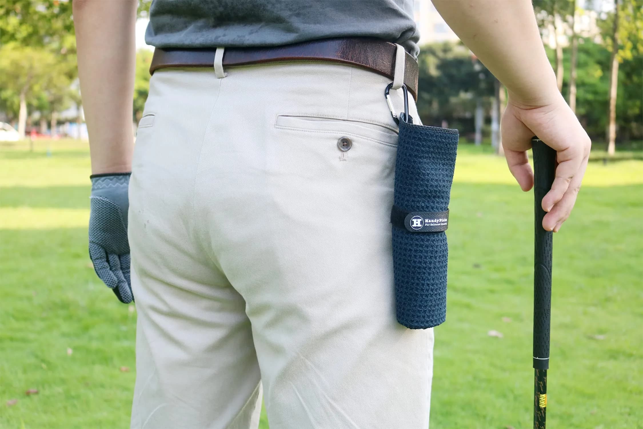 Handy Picks Black Microfiber Golf Towel 40cm x 40cm with Waffle Pattern & Carabiner Clip - view 3
