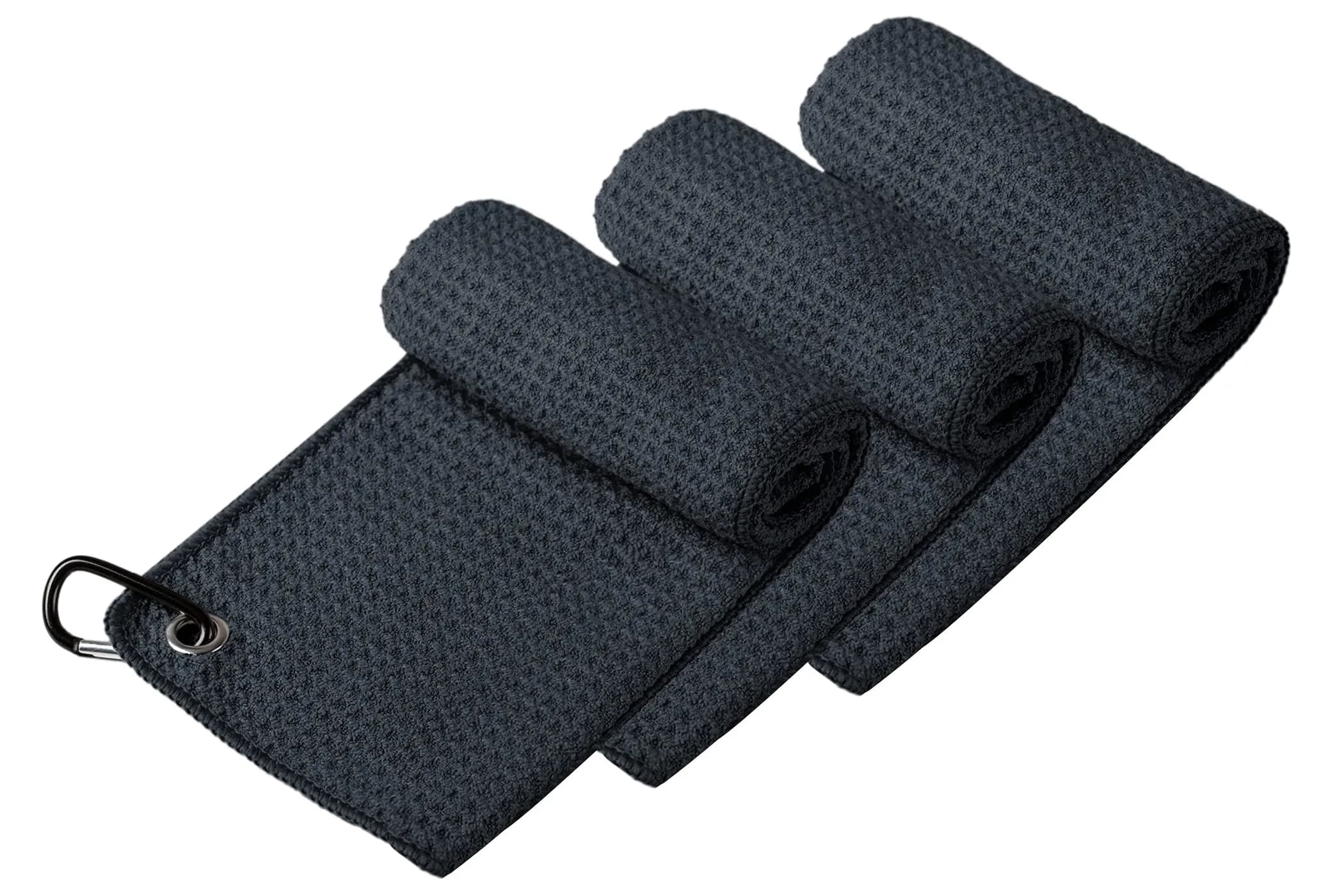 Handy Picks Microfiber Golf Towel - Dark Green (16" x 16") with Waffle Pattern & Carabiner Clip - view 2