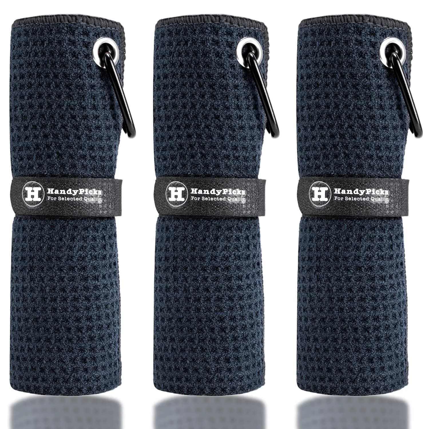Handy Picks Microfiber Golf Towel 40cm x 40cm - Black, Grey & Blue Waffle Pattern with Carabiner Clip - main product image