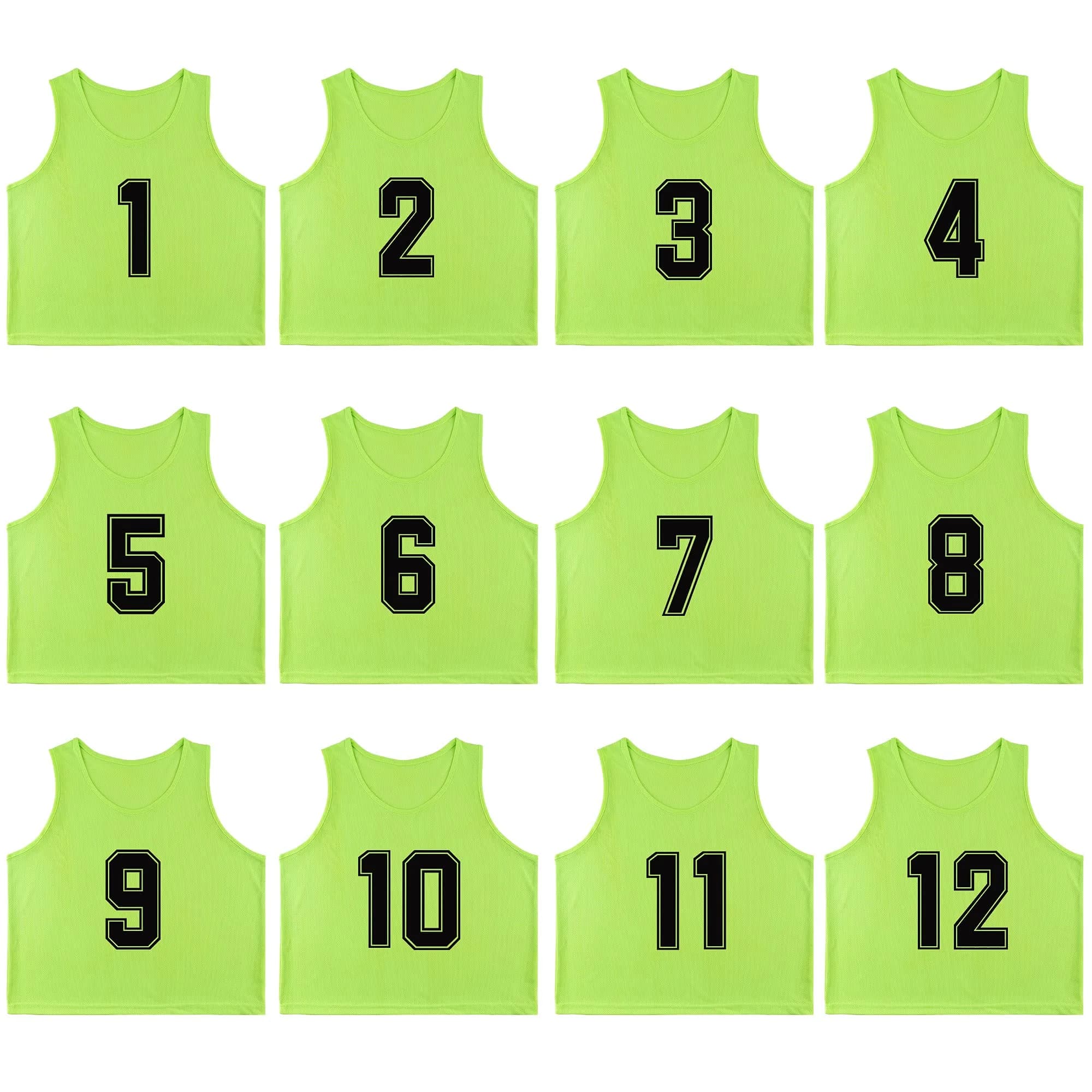 RE-HUO 12 Pack Numbered Scrimmage Vests for Sports | Breathable Polyester Mesh, 3 Sizes, 10 Colors, 1-48 Numbered, Unisex — Neon Green1-12