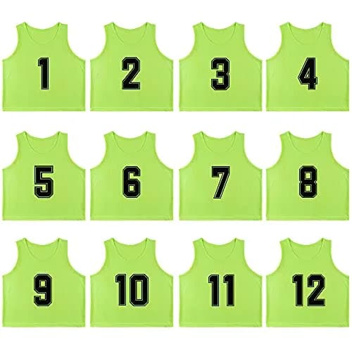 RE-HUO 12 Pack Numbered Scrimmage Vests for Sports | Breathable Polyester Mesh, 3 Sizes, 10 Colors, 1-48 Numbered, Unisex thumbnail 1