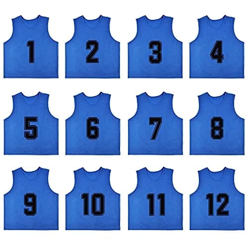 RE-HUO 12 Pack Numbered Scrimmage Vests for Sports | Breathable Polyester Mesh, Unisex, 3 Sizes, 10 Colors thumbnail 1