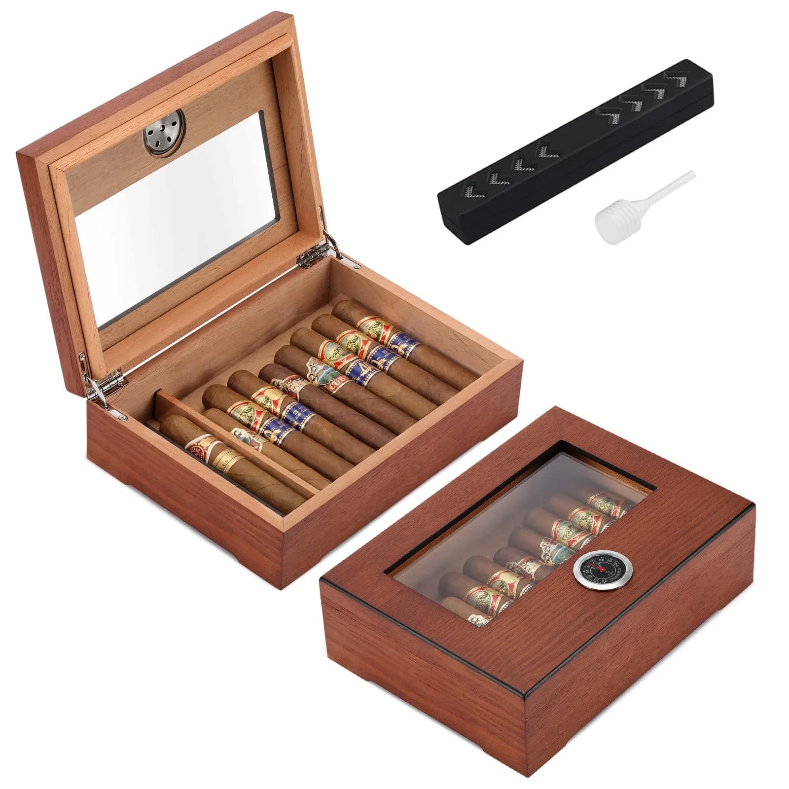 TISFA Cigar Humidor Glass Top Box with Hygrometer Humidifier Divider 25.4cm x 17.8cm x 7.1cm | Spanish Cedar Wood