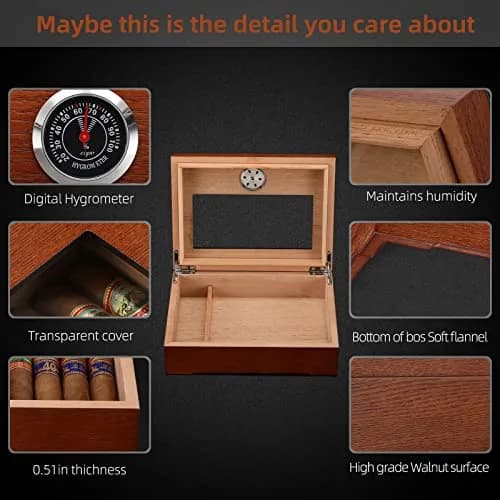 TISFA Cigar Humidor Glass Top Box with Hygrometer Humidifier Divider 25.4cm x 17.8cm x 7.1cm | Spanish Cedar Wood thumbnail 2