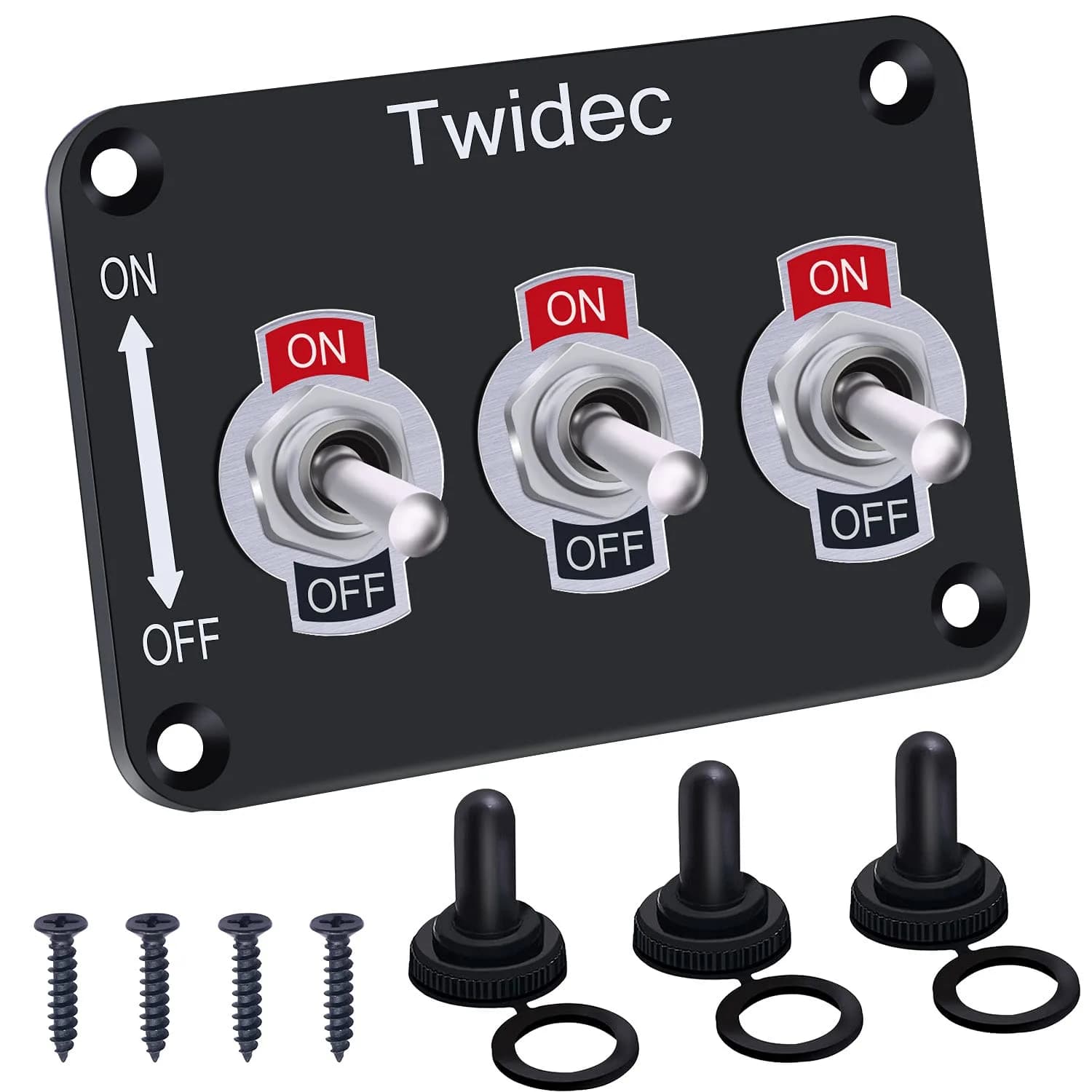 Twidec 3-Gang Rocker Toggle Switch Panel 16A 250V AC / 12V DC SPST ON/Off with Waterproof Cover | Metal Panel for Automotive & Industrial Use — 2PIN ON-OFF With Panel