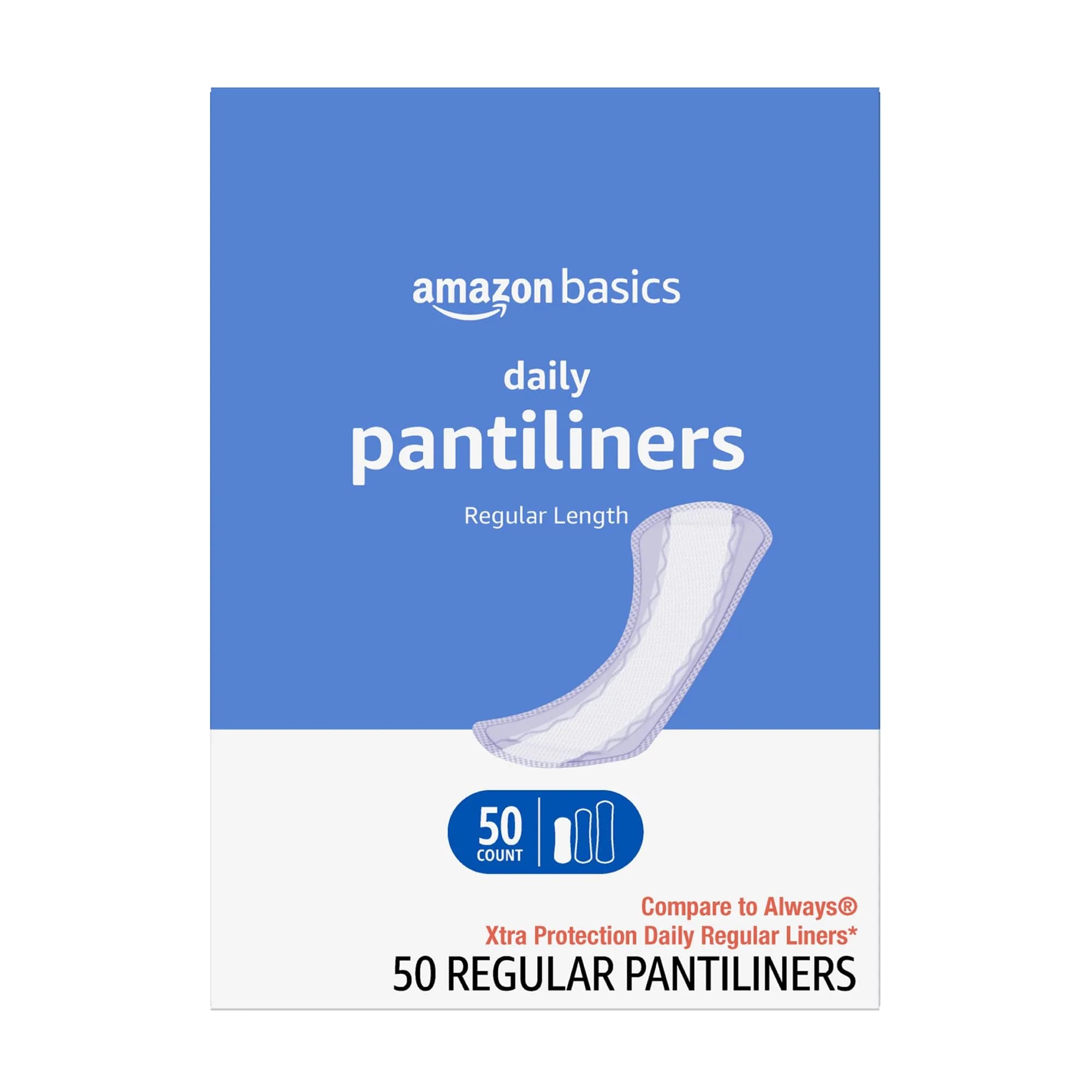 Amazon Basics Daily Pantiliner Regular Length Thin Absorbent Feminine Pads 50 Count | Unscented for Light Leaks & Daily Freshness - main product image
