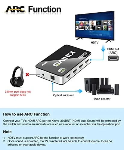 Kinivo HDMI Switch with Audio Extractor 360BNT 4K - 3 in 1 out, Toslink Optical, Dolby Digital, HDR, IR Remote thumbnail 5