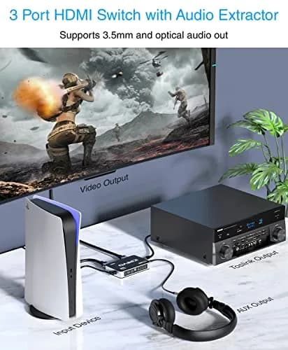 Kinivo HDMI Switch with Audio Extractor 360BNT 4K - 3 in 1 out, Toslink Optical, Dolby Digital, HDR, IR Remote thumbnail 2