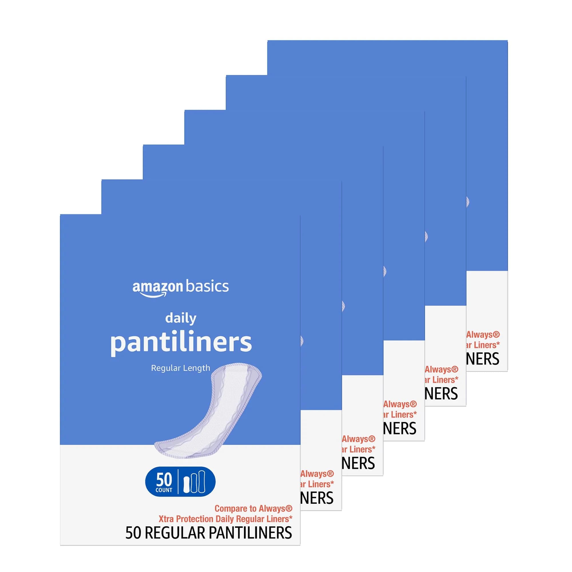 Amazon Basics Daily Pantiliner, Regular Length, Unscented, 300 Count (6 Packs of 50) | Feminine Pads for Light Protection — Regular