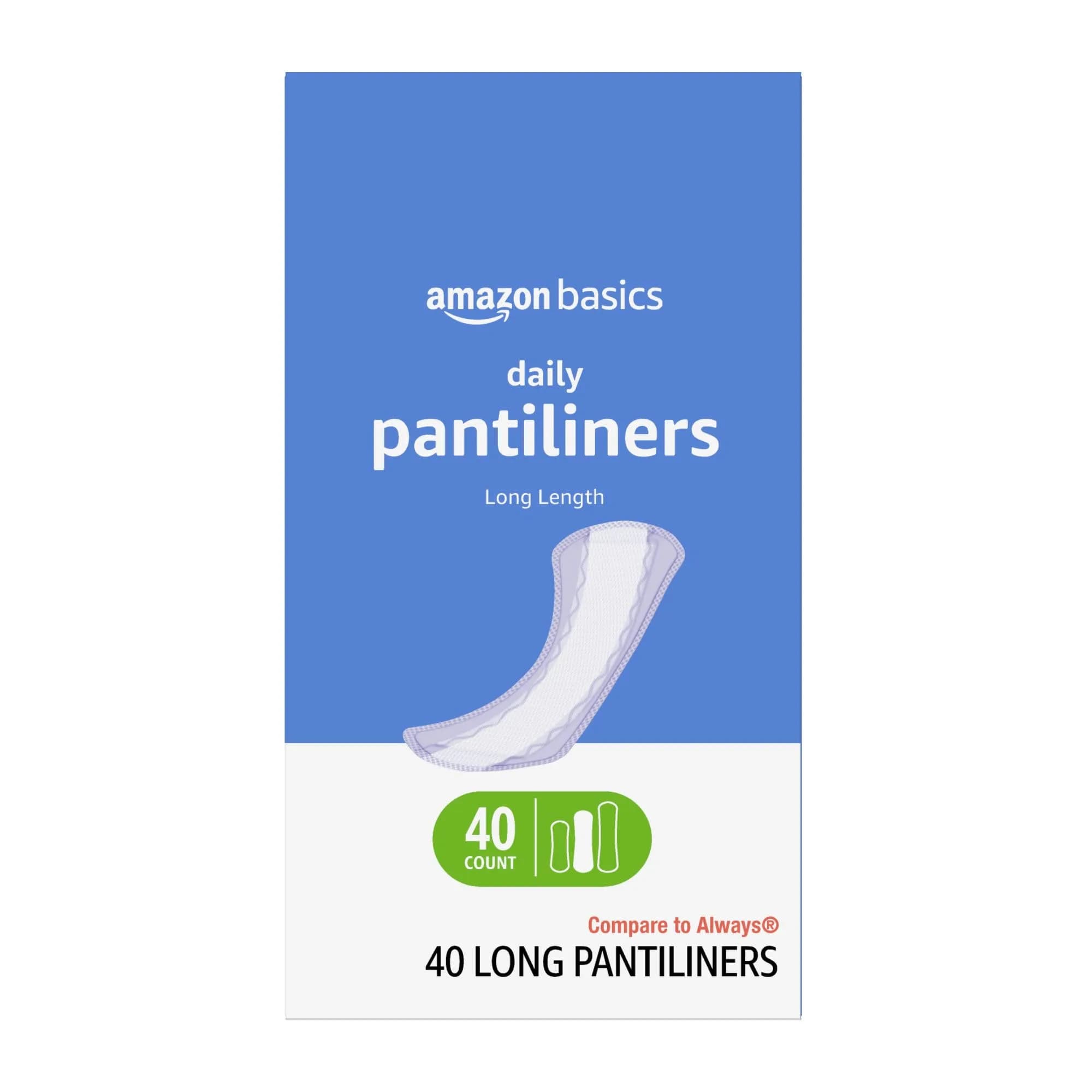 Amazon Basics Daily Pantiliner, Long Length, Unscented, 40 Count | Leakage Protection for Women - main product image