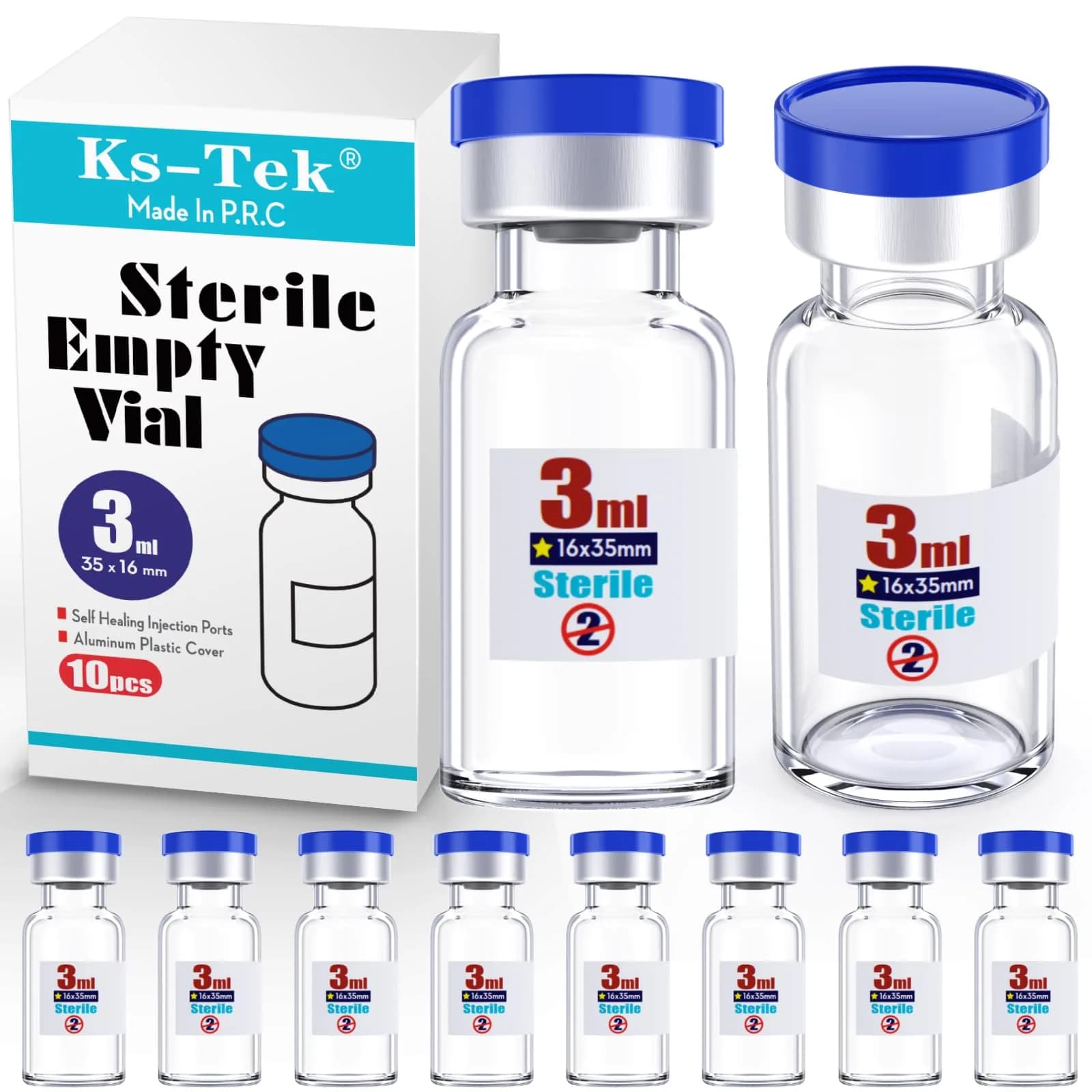 Ks-Tek Sterile Glass Sample Vials with Injection Port 3ml (0.1 Fl Oz) | 10-Pack, Individually Packaged - main product image