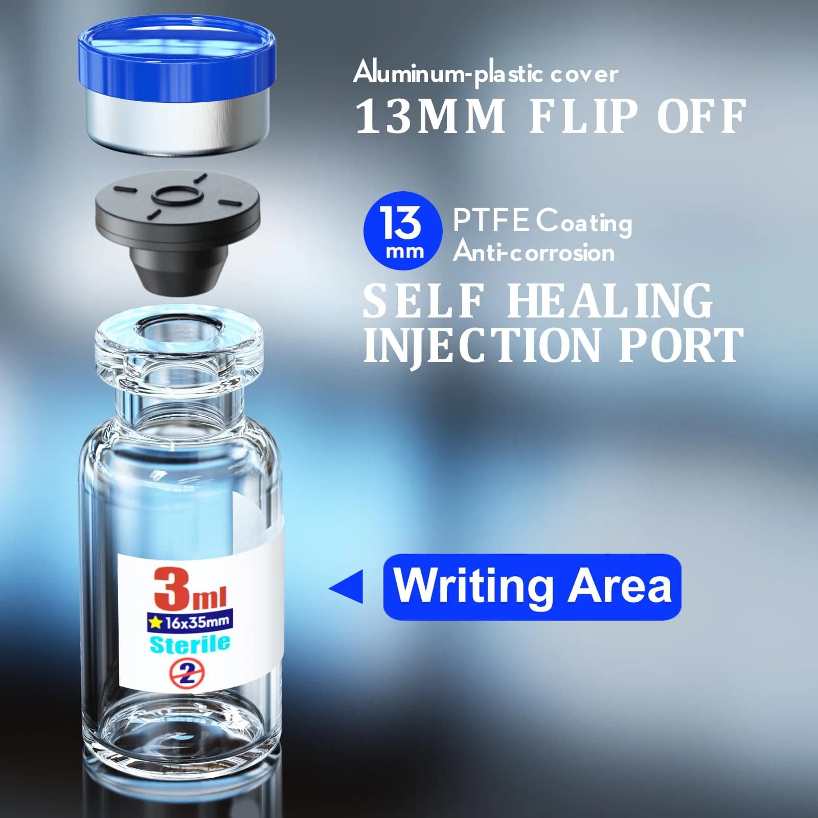 Ks-Tek Sterile Glass Sample Vials with Injection Port 3ml (0.1 Fl Oz) | 10-Pack, Individually Packaged - view 3
