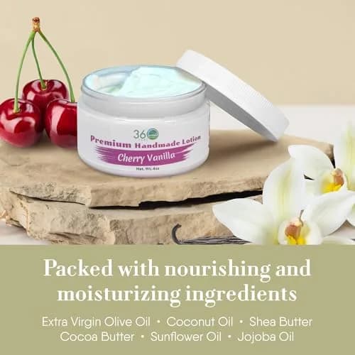 360Feel Cherry Vanilla Aroma Body Lotion 4 Fl Oz | Hydrates with Coconut & Olive Oil, Plant-Based, Non-Greasy, Sensitive Skin, All Day Use thumbnail 4