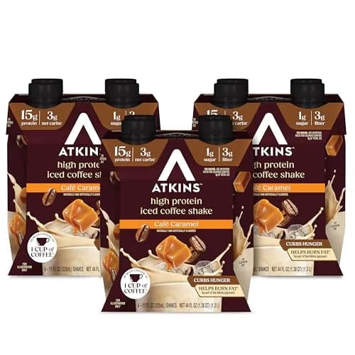 Atkins Café Caramel Iced Coffee High Protein Shake 325ml (11 Fl Oz) | 15g Protein, 3g Net Carbs, Caffeine — Caramel