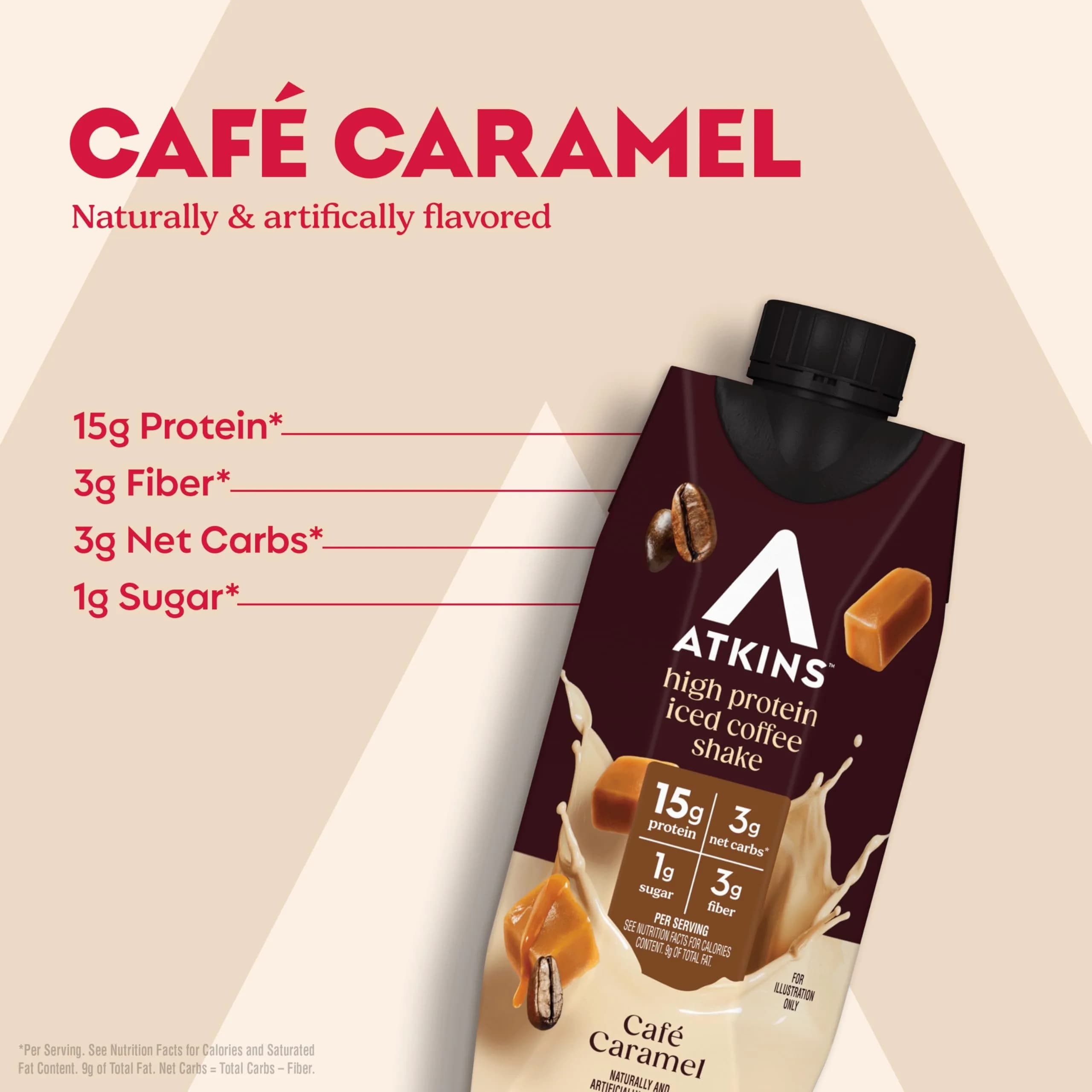Atkins Café Caramel Iced Coffee High Protein Shake 325ml (11 Fl Oz) | 15g Protein, 3g Net Carbs, Caffeine - view 2
