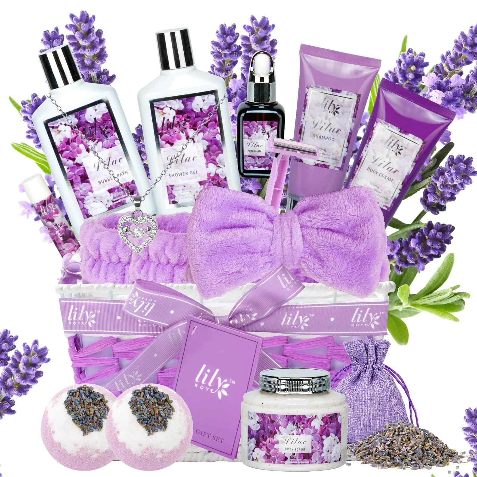 LILY ROY 17Pcs Spa Gift Set | Moisturizing Bath Basket for Women & Mom (17 Piece) — Purple