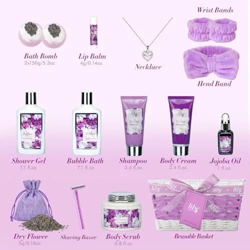 LILY ROY 17-Piece Spa Gift Set | Lavender Lilac Scent, Reusable Basket, Sulfate-Free, Cruelty-Free, Perfect for Women thumbnail 3