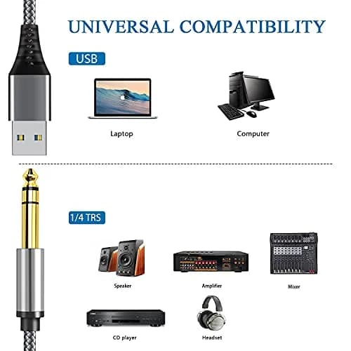 NCGGY USB to 6.35mm 1/4 inch TRS Audio Stereo Cable 6.6FT | Supports Listening, Not Recording thumbnail 2