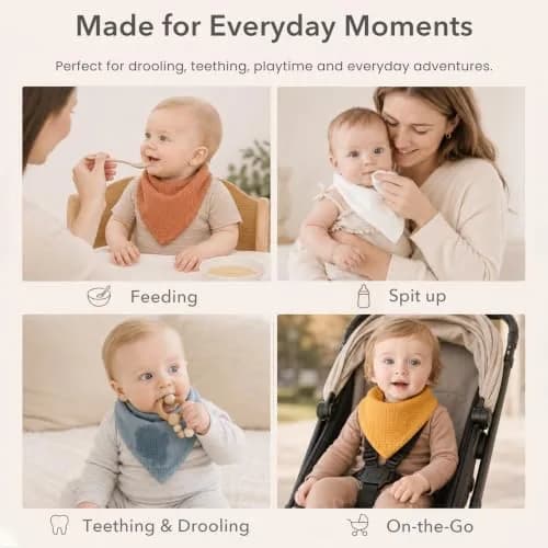 Konssy Baby Muslin Bandana Bibs 10 Pack | 6-Layer Organic Cotton, Adjustable, Soft & Absorbent for Drooling & Teething (One Size) thumbnail 9
