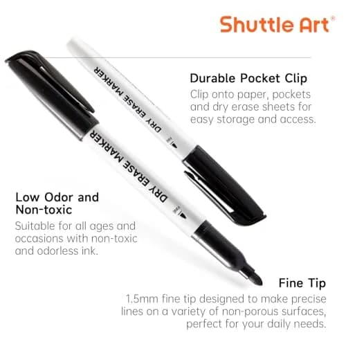 Shuttle Art Black Dry Erase Markers, 16 Pack Fine Tip | Writes Smoothly, Wipes Cleanly thumbnail 4