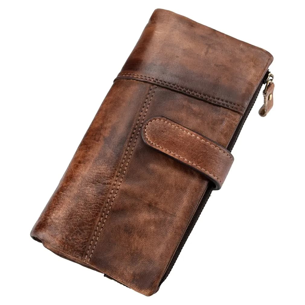 Hebetag Genuine Leather Long Wallet Clutch Purse with 18 Card Slots & Wrist Strap | Brown — #20coffee