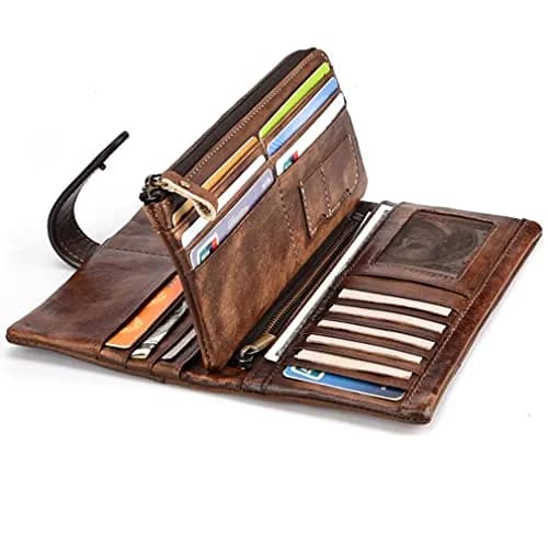 Hebetag Genuine Leather Long Wallet Clutch Purse with 18 Card Slots & Wrist Strap | Brown thumbnail 7