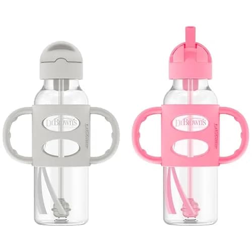 Dr. Brown's Narrow Sippy Straw Bottle with Handles, Gray & Pink, 2-Pack | Baby Bottle Transition Aid for 6m+ thumbnail 1