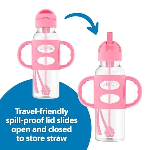 Dr. Brown's Narrow Sippy Straw Bottle with Handles, Gray & Pink, 2-Pack | Baby Bottle Transition Aid for 6m+ thumbnail 4