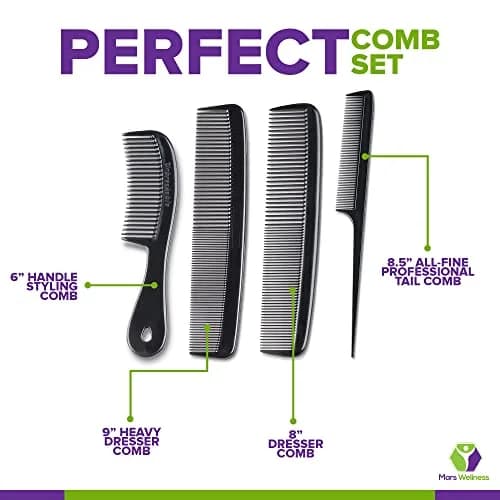 Mars Wellness Black 4 Piece Professional Comb Set | Detangling, Styling, and Grooming thumbnail 4