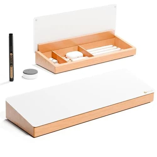 YEOUX Glass Desktop Whiteboard with Wood Organizer 35.6 x 12.3 cm (14 x 4.85 in) | Dry Erase Board for Desk Accessories thumbnail 1
