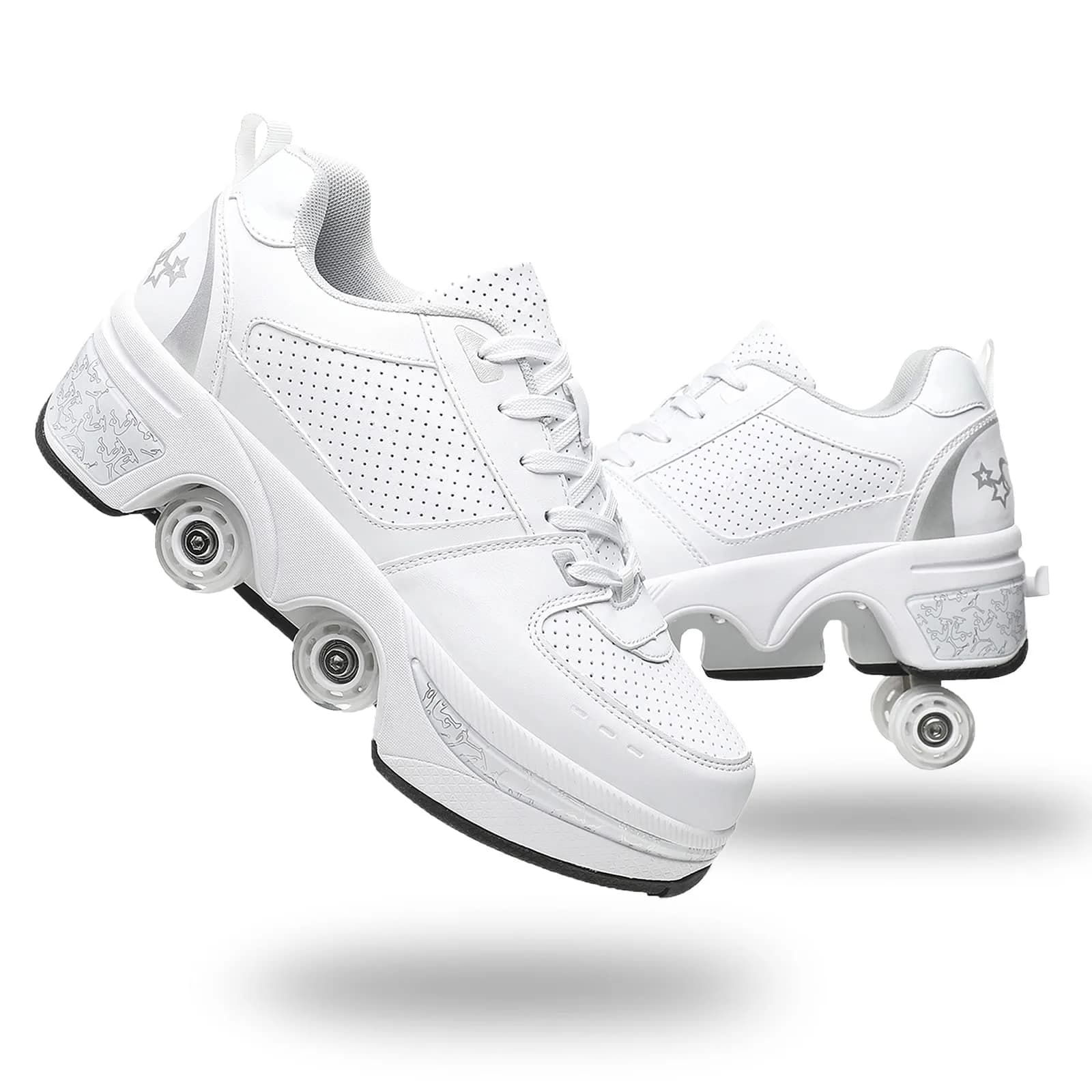 Deformation Roller Skates White Silver | 2-in-1 Outdoor Deformed Shoes with Wheels (US 5.5) — White Silver